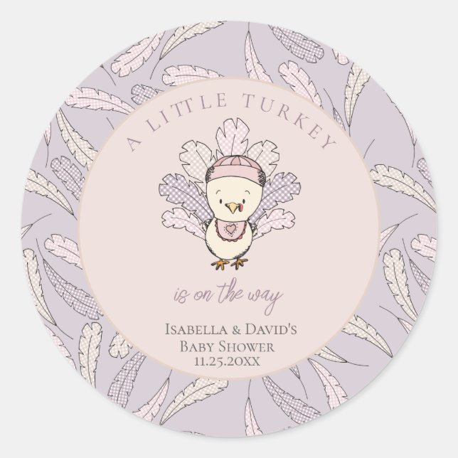 Little Turkey Feathers Autumn Girl Baby Shower Runder Aufkleber (Vorderseite)