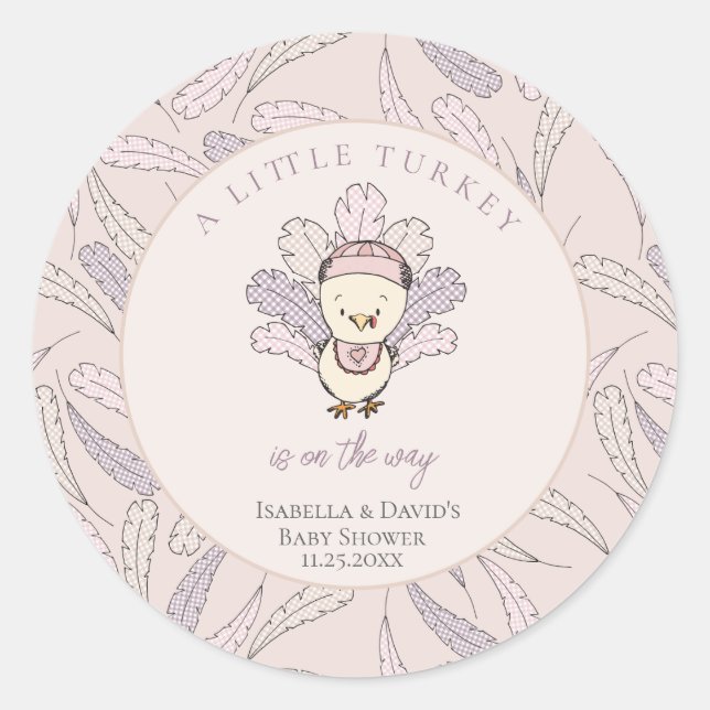 Little Turkey Feathers Autumn Girl Baby Shower Runder Aufkleber (Vorderseite)