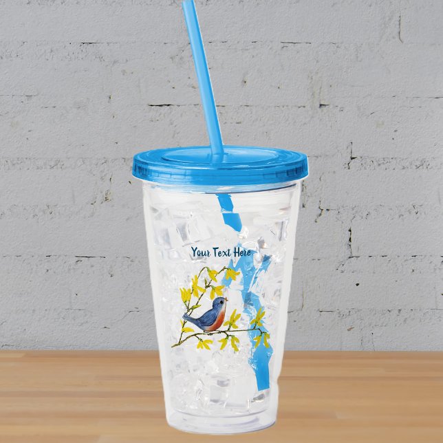 Little Tweetend Blue Red Bird Branly Gelbe Blume Acryltrinkbecher (Pretty little red blue bird on branch bright yellow spring  time flowers on acrylic drink tumbler.)