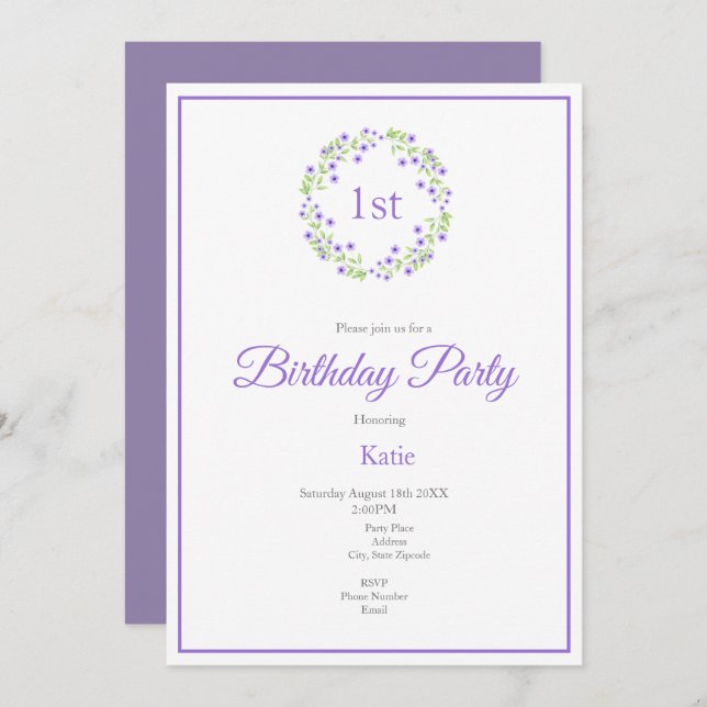 Little Violet Watercolor Blossoms Kranz Einladung (Vorne/Hinten)