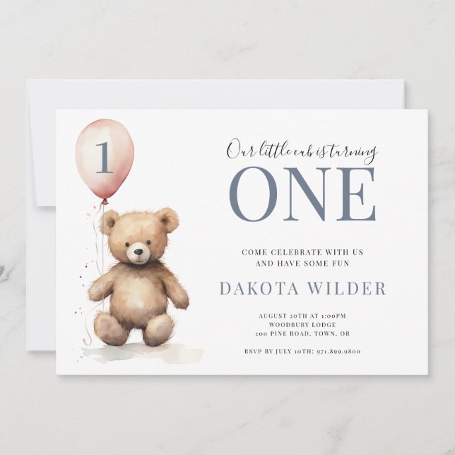 Little Watercolor Teddy Bear oy 1st Brithday Einladung (Vorderseite)
