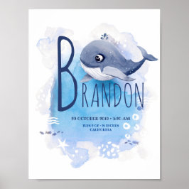 Little Whale Blue Ocean Baby Name and Birth Stats Poster