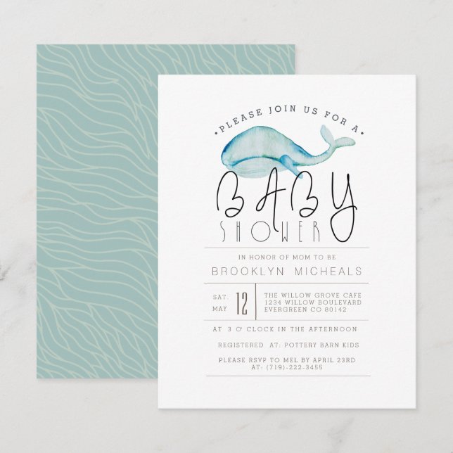 Little Whale Watercolor | Aquatic Baby Dusche Einladung (Vorne/Hinten)