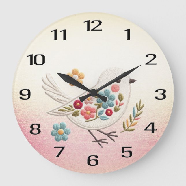 Little White Bird Floral Wall Clock Große Wanduhr (Vorderseite)