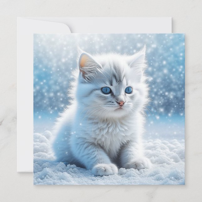 Little White Kitten in Snow Weihnachten (Vorderseite)