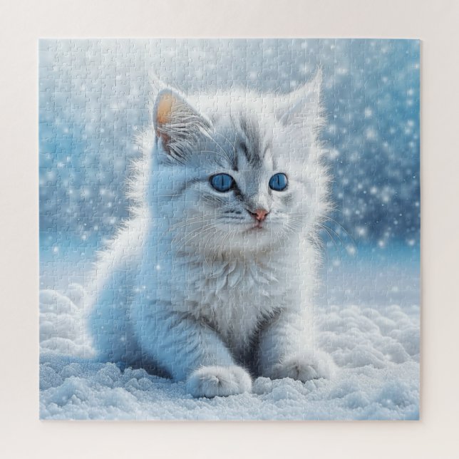 Little White Kitten in Snow Weihnachten Puzzle (Vertikal)