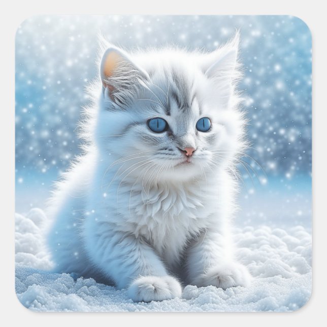 Little White Kitten in Snow Weihnachten Quadratischer Aufkleber (Vorderseite)
