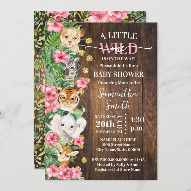 Little Wild One Rustic Safari Pink Baby Shower Einladung (Vorne/Hinten)