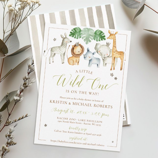 Little Wild One Safari Animals Boy Baby Dusche Einladung (Watercolor jungle safari zoo animals Little Wild One green tropical simple baby boy shower invite)