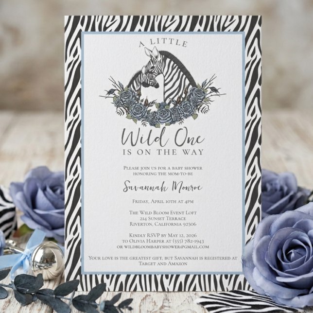 Little Wild One Zebra Safari Baby Shower Party Einladung (Little wild one zebra safari baby shower invitation boy blue jungle animal wild one party theme)