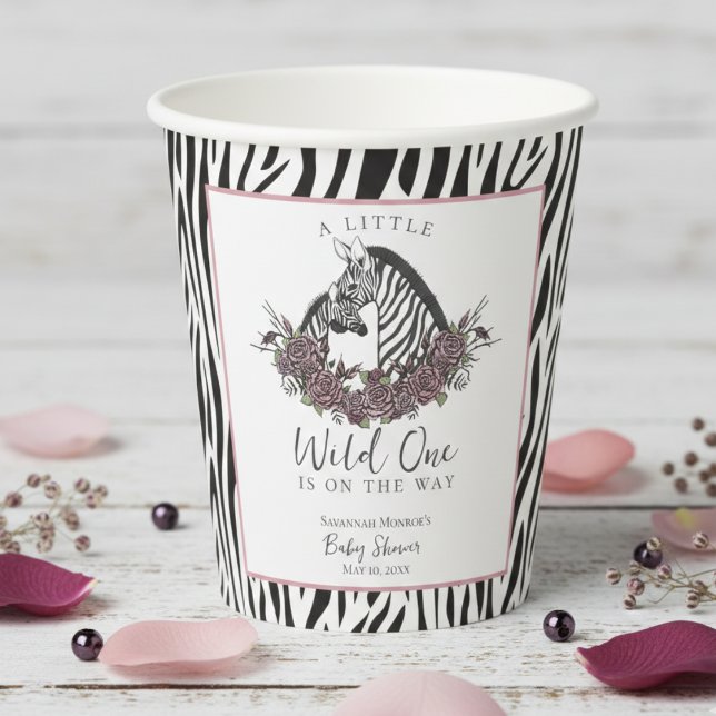 Little Wild One Zebra Safari Baby Shower Party Pappbecher (A Little Wild One Baby Shower Paper Cups for Mother to Be. Cute Wild Animals Zebra, Mauve Pink Roses)