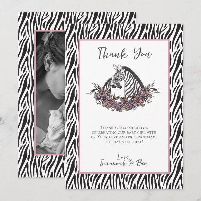 Little Wild One Zebra Safari Baby Shower Photo Dankeskarte (Vorne/Hinten)