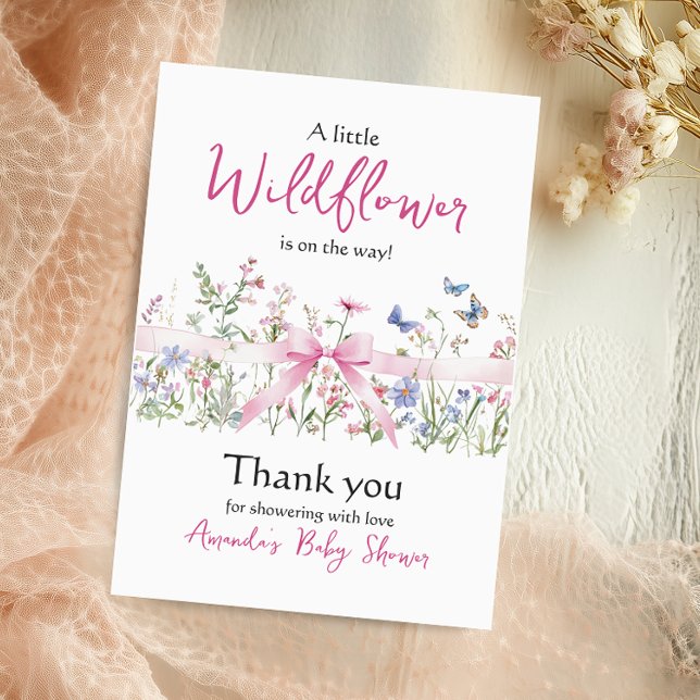 Little Wildflower Floral Girl Pink Bow Baby Shower Dankeskarte (Von Creator hochgeladen)