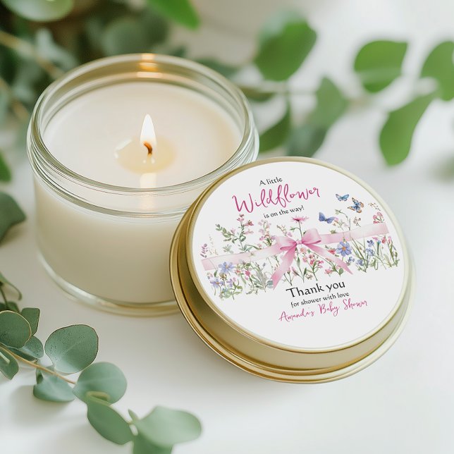 Little Wildflower Floral Girl Pink Bow Baby Shower Runder Aufkleber (Von Creator hochgeladen)