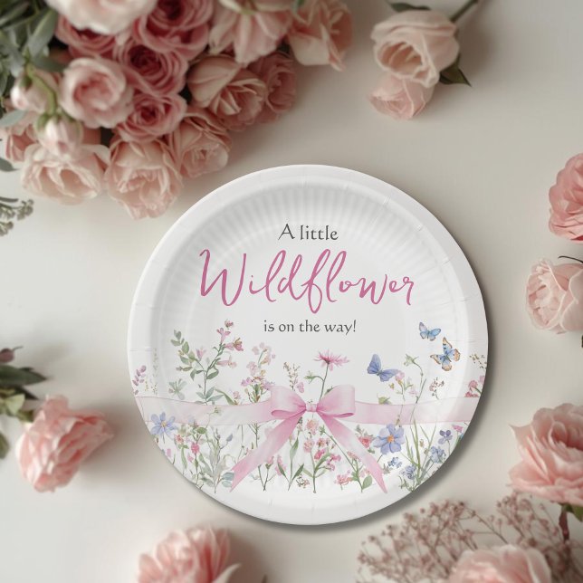 Little Wildflower Floral Pink Bow Girl Baby Shower Pappteller (Von Creator hochgeladen)