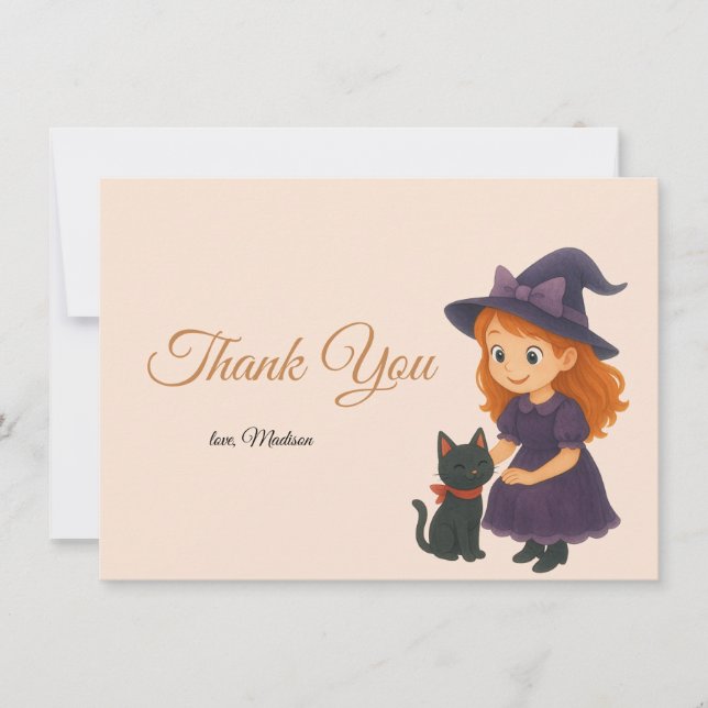 Little Witch & Cat Halloween Baby Shower Dankeskarte (Vorderseite)