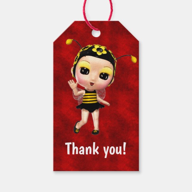 Little Yellow Bumblebee Fairy Doll auf Red Velvet Geschenkanhänger (Vorderseite)