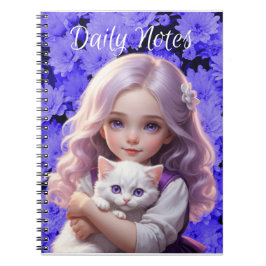LittleGirl White Kitten Purple Flowers Notebook Notizblock