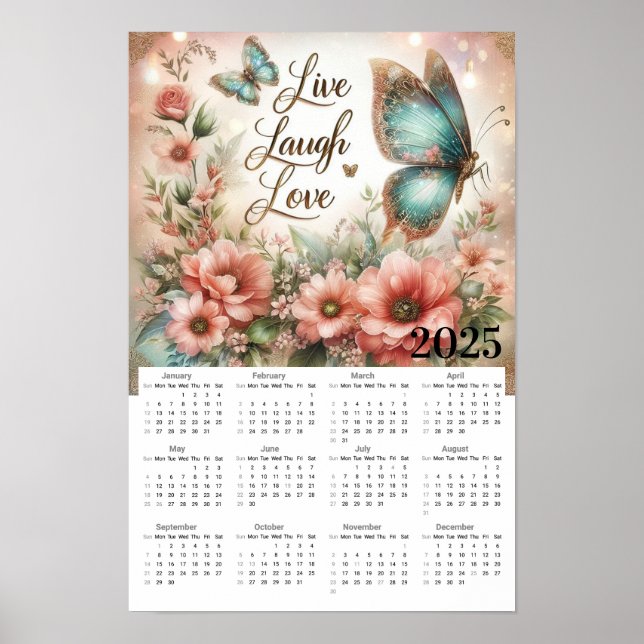 Live-Lachen Liebe Blume und Schmetterlingskalender Poster (Vorne)