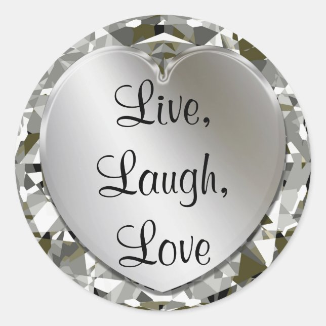 Live, Lachen, Liebe Diamonds & Silver Heart Sticke Runder Aufkleber (Vorderseite)