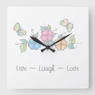 Live Laugh   Butterfly Floral Watercolor Quadratische Wanduhr