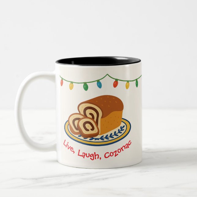 Live Laugh Cozonac Holiday Romanian  Zweifarbige Tasse (Links)