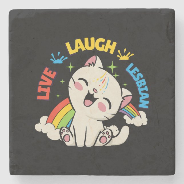 Live-Laugh Lesbische Flagge Regenbogen Katze Pride Steinuntersetzer (Vorderseite)