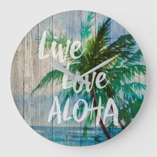Live-Liebe Aloha Palm Tree Beach Zeichen Große Wanduhr