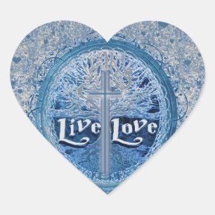 Live Liebe Cross Blue Tree of Life Pattern Herz-Aufkleber
