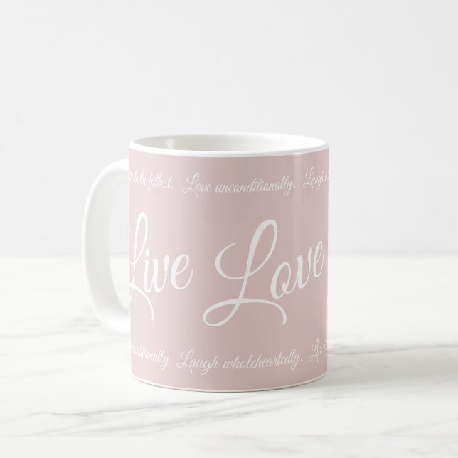 Live Liebe Laugh Elegantes Weiß Skript Soft Pink Kaffeetasse (Vorderseite Links)
