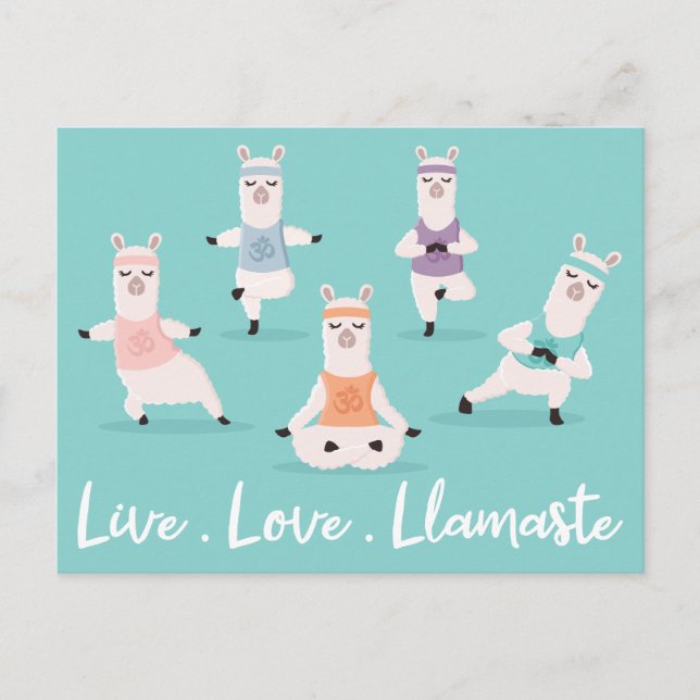 Live-Liebe Llamaste | Fun Yoga Llama Charaktere Postkarte (Vorderseite)
