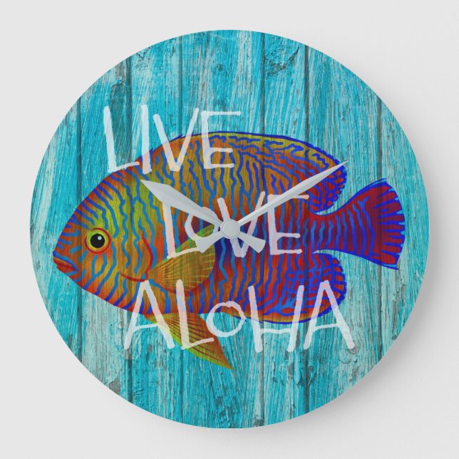 Live Love Aloha Tropical Fish Beach Sign Große Wanduhr (Vorderseite)