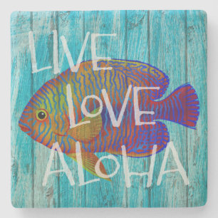 Live Love Aloha Tropical Fish Beach Sign Steinuntersetzer