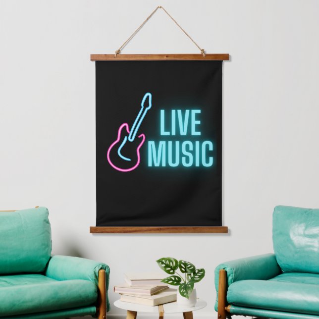 Live Music Neon Guitar Wandteppich Mit Holzrahmen (Wohnzimmer)