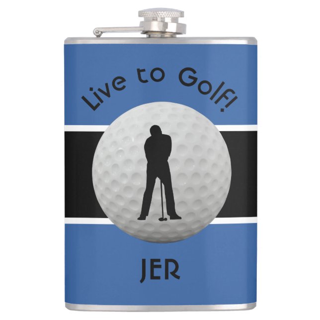 Live to Golf Quote Mit Monogramm Initialen Blue Bl Flachmann (Vorderseite)