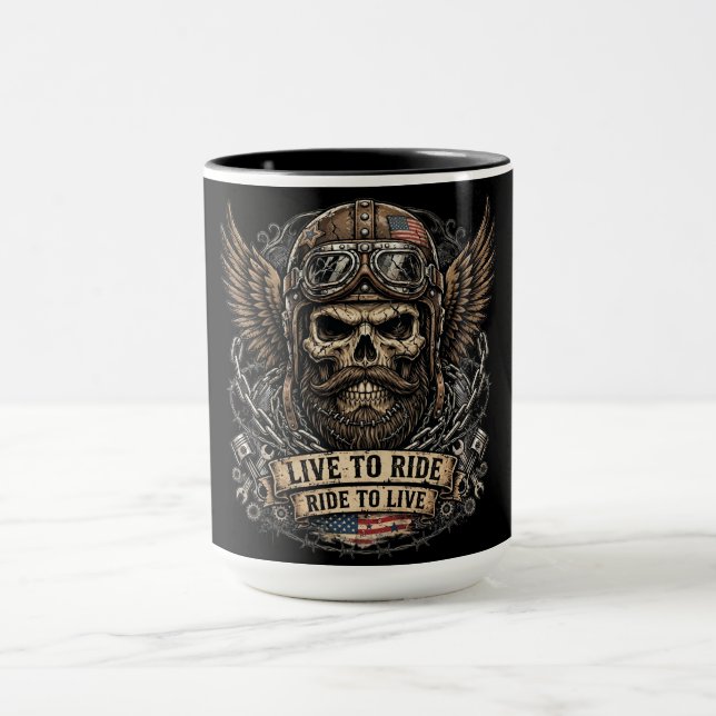 Live To Ride Bärtiger Totenkopf Biker Tasse (Zentrum)