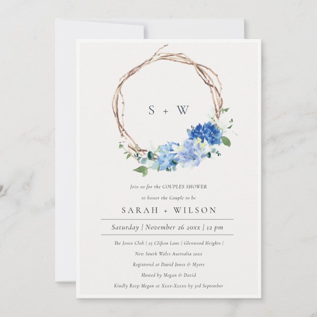 Lively Blue Floral Wreath Couples Dusche laden ein Dankeskarte (Vorderseite)