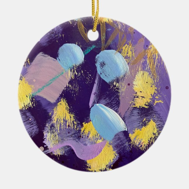 Lively blue, purple, and yellow abstract art keramik ornament (Vorne)