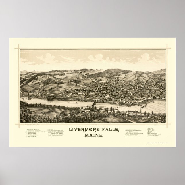 Livermore Falls, ME Panorama Karte - 1889 Poster (Vorne)