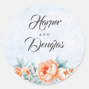 Living Coral Blume Dusty Blue Watercolor Wedding Runder Aufkleber