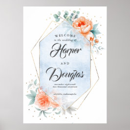 Living Coral Dusty Blue Flora Hochzeit Begrüßungsz Poster