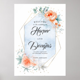 Living Coral Dusty Blue Flora Hochzeit Begrüßungsz Poster