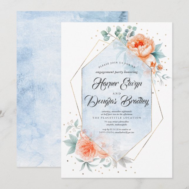 Living Coral Dusty Blue Floral Engagement Party Einladung (Vorne/Hinten)