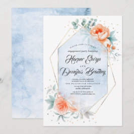 Living Coral Dusty Blue Floral Engagement Party Einladung