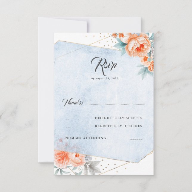 Living Coral Dusty Blue Floral Wedding RSVP Karte (Vorderseite)
