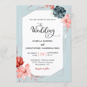 Living Coral Silver Gray Floral Watercolor Wedding Einladung