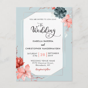 Living Coral Silver Gray Floral Watercolor Wedding Postkarte