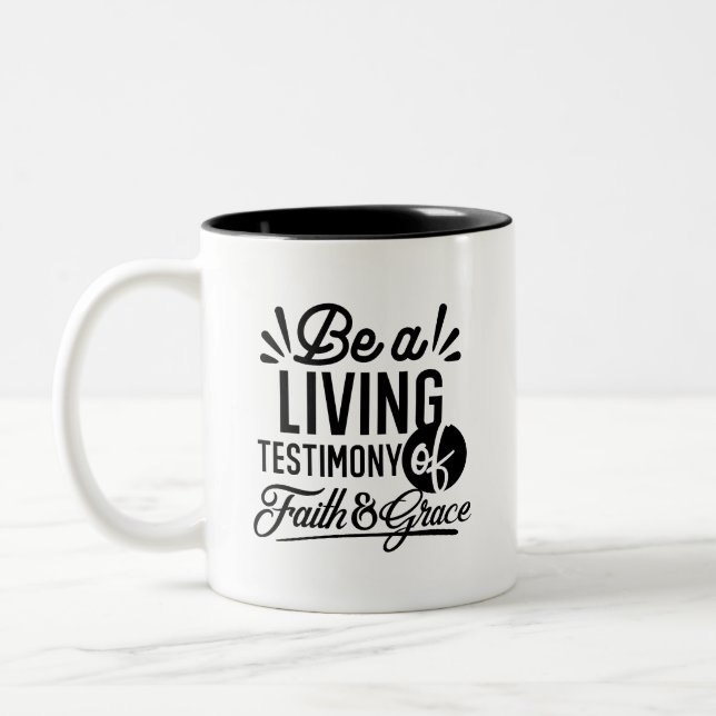 Living Testimony Bible Quote Christian Motivation Zweifarbige Tasse (Links)