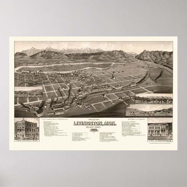 Livingston, MT Panorama Karte - 1884 Poster (Vorne)