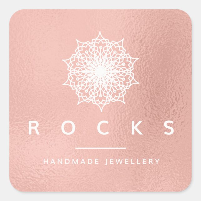 Liz Mandala Pink Rose Gold Metallic White Quadratischer Aufkleber (Vorderseite)